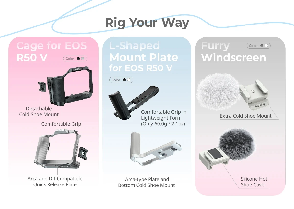 SmallRig Cage สําหรับ Canon EOS R50 V พร้อมซิลิโคน L-Shaped Grip Mount แผ่น USB-C สาย CLAMP Furry กระจกชุดสําหรับกรง