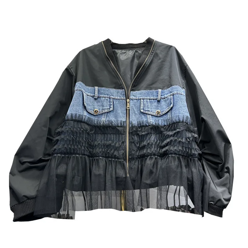 ANJY خريف شتاء جديد إمرأة الدنيم شبكة المرقعة جيب كبير سستة البيسبول سترة أنيقة تنوعا التخسيس معطف عصري A15245 #4