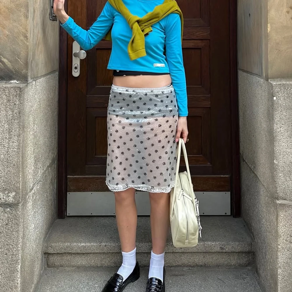 Ticketsx Spódnica w Kropki z Cekinami Damska Biała Niska Talia Prosta Codzienna Spódnica Y2k Damska Letnia Wąska Spódnica Wakacyjna HighStreet