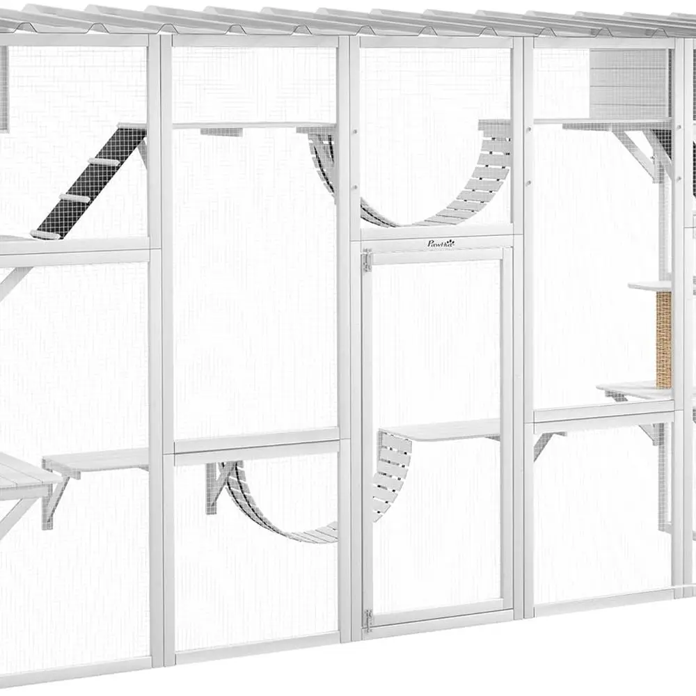 

Weather-Resistant Outdoor Cat Enclosure with Wooden Frame, Multiple Levels and Shelter, 118 x 37.5 x 74, White