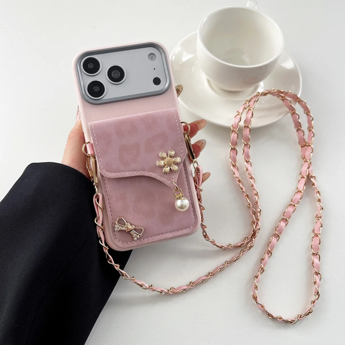 Perlenblumen-Geldbörsen-Hülle mit Lanyard für iPhone 18 17 Pro Max 16 Plus 15 14 13 12 Pro, Riemen, Kartenfach, Crossbody-Leder-Handyhülle