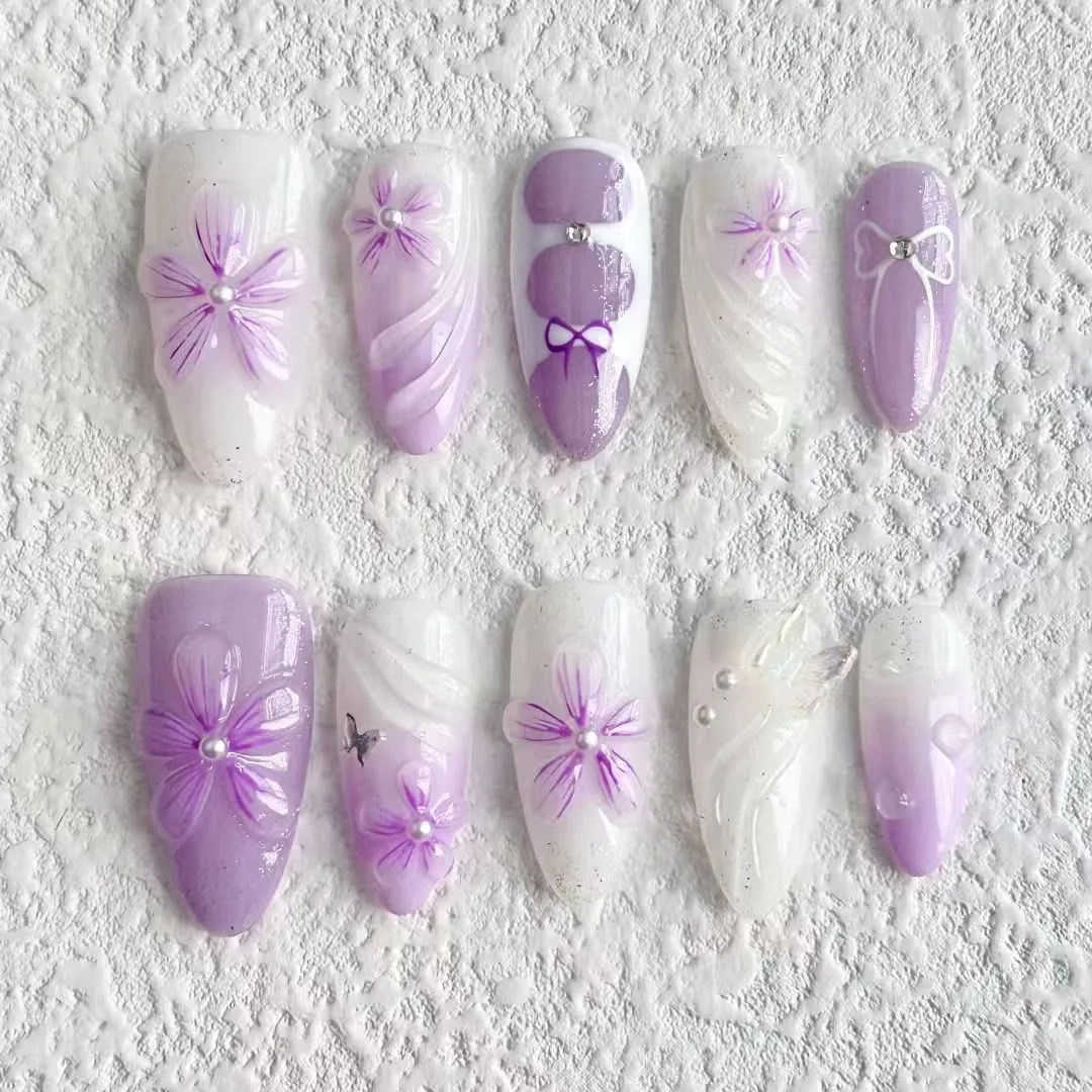 

3D Series Manicure Purple Flower Relief Manicure Gradual Change Color Butterfly Inlaid Mandarin Duck Series Press on Nails