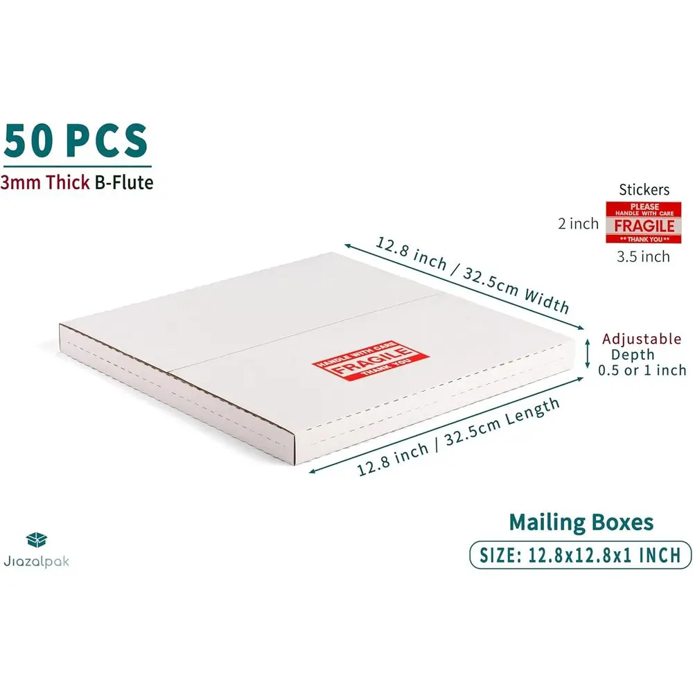 Caixas de Envio para Discos de Vinil de 12 Polegadas, 50 Unidades, 12.8x12.8x1 Polegadas, Envelopes Resistentes de Várias Profundidades com Etiquetas Frágil, Brancas