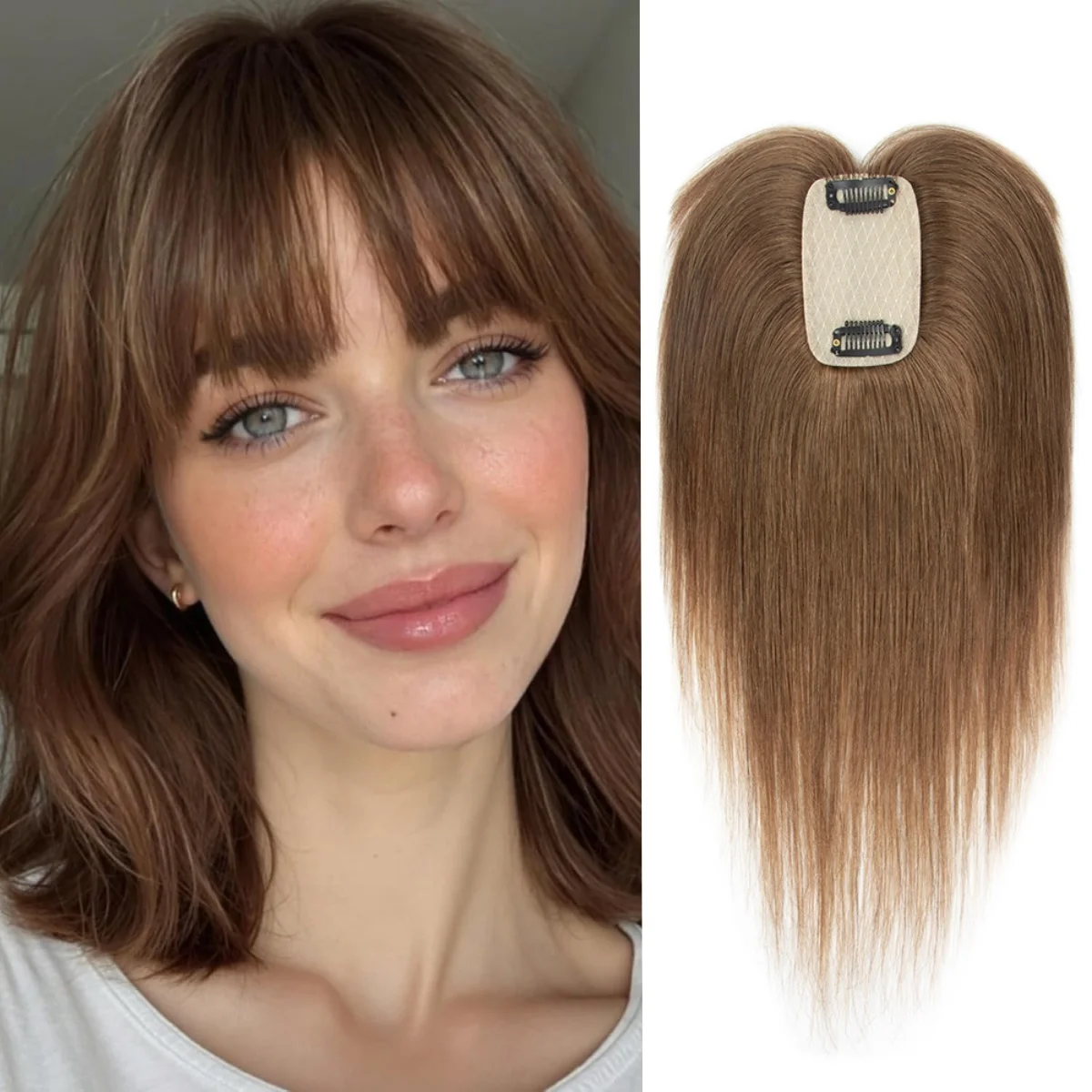 Human Hair Toppers with Bangs 5x9cm Lace Base Breathable Hair Extensions for Natural Look And Feel Easy to Wear Save Time