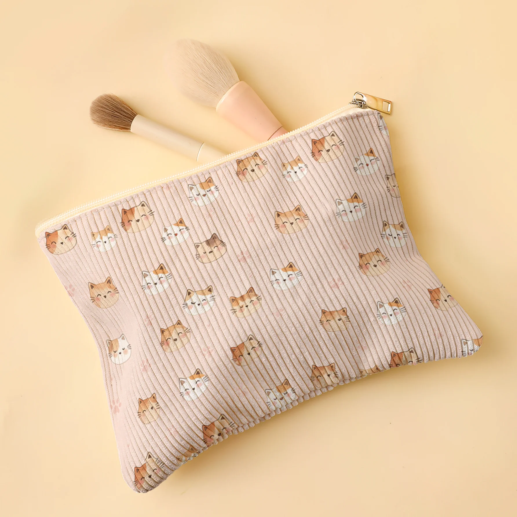 Makeup Bag Large Capacity Corduroy Texture, Cat Portrait 2D Print | Smooth Zipper | Fits Foundation/Eyeshadow Palette/Lipstick