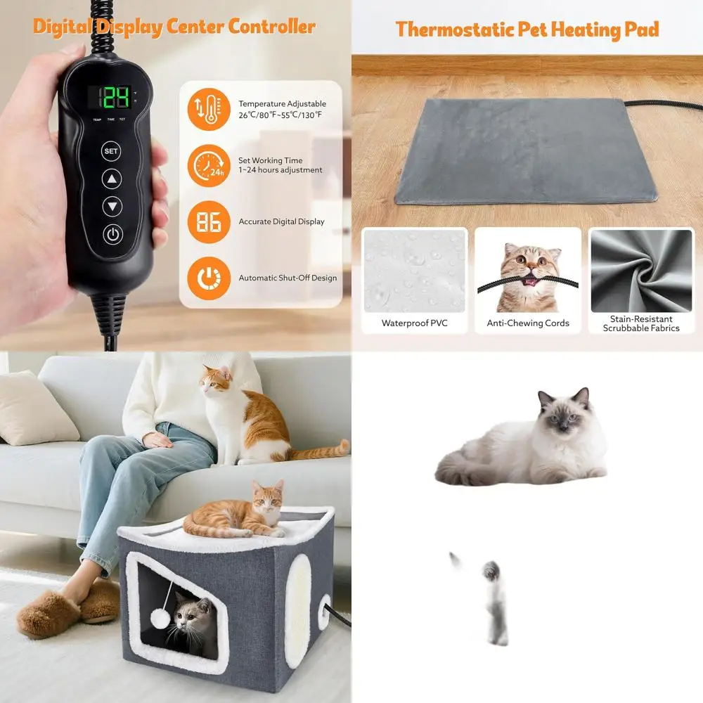 

Утепленная лежанка для кошек размера XL с регулируемой температурой и таймером, подвесным мячиком и когтеточкой, идеально подходит для кошек всех размеров