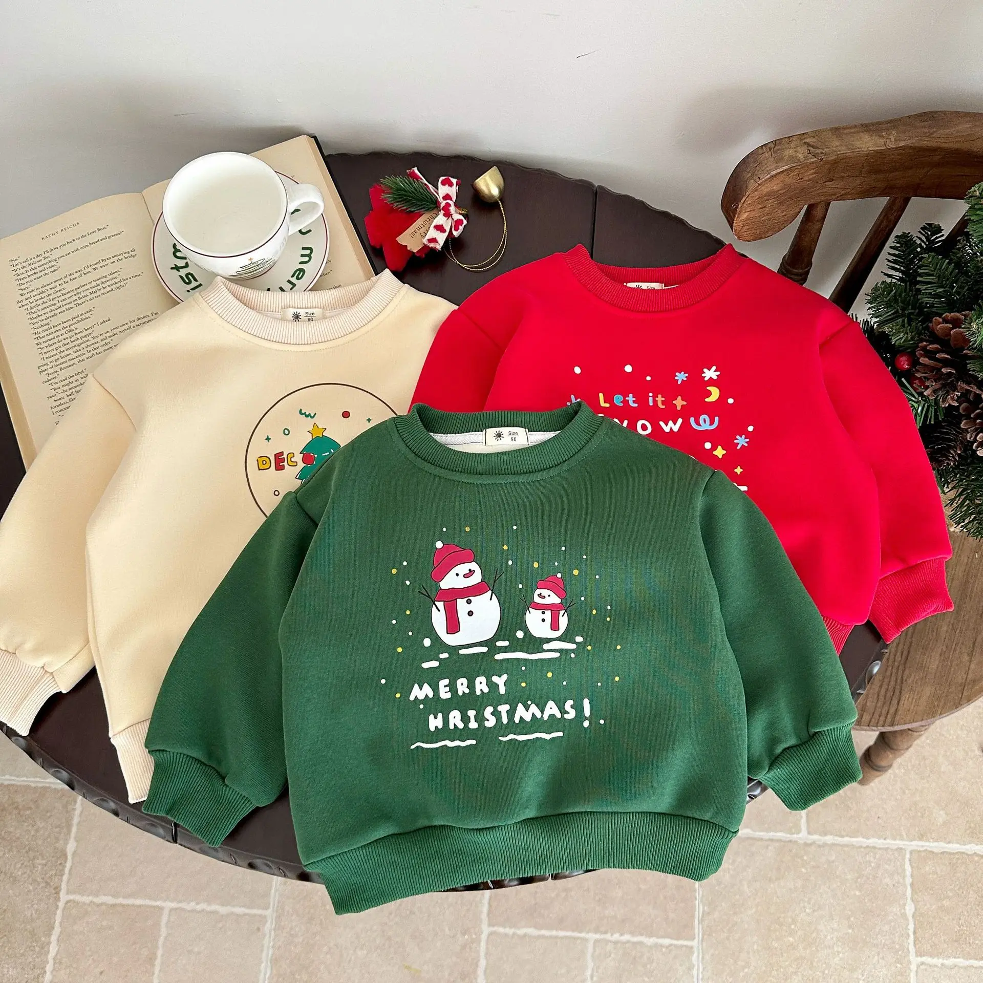 European and American Clothing Fleece Sweater Long-sleeved T-shirt Bottoming Shirt American New Year's Christmas Crew Neck Top