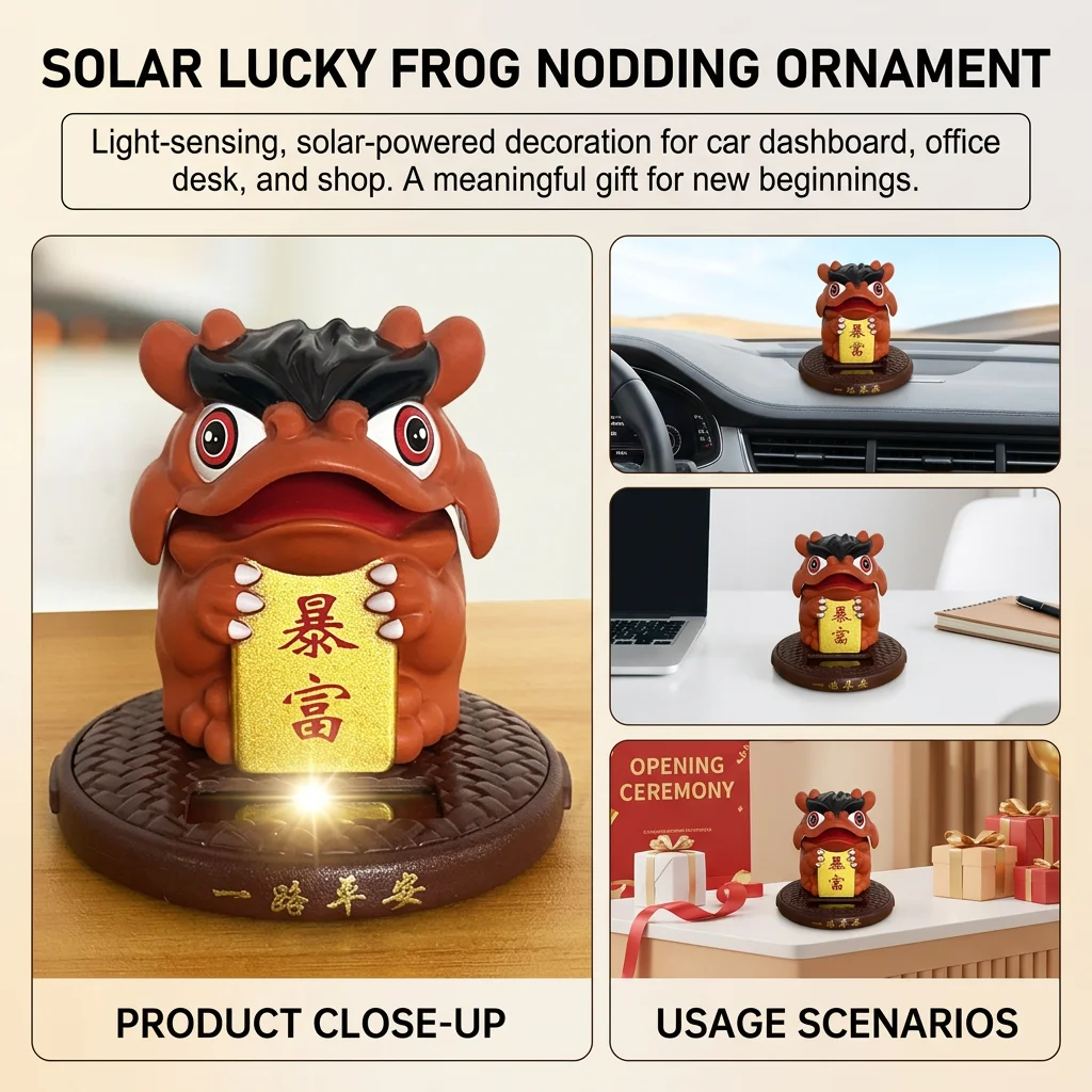Money Frog Lucky Ornament for Car Dashboard Decorations Solar Powered Nodding Figurines God Wealth Gift Office Desktop Crafts
