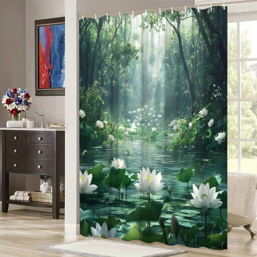 Serene Forest Pond Shower Curtain - Water Lilies, Polyester, Washable, 12 Hooks, 70.8x70.8 Inches, Nature Theme Bathroom Decor