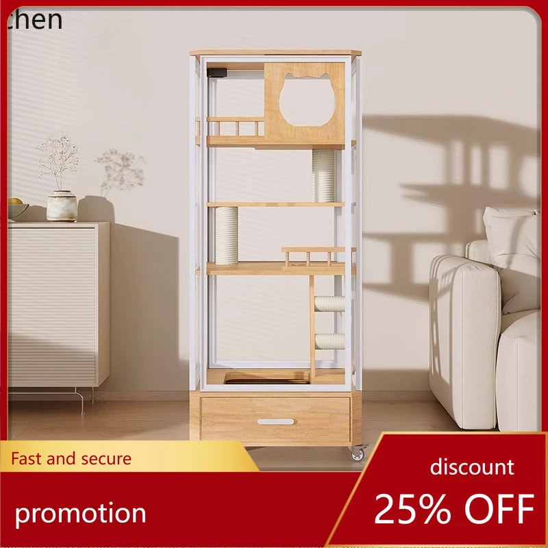 

HXL Solid Wood Cat Cabinet Space-Saving Panoramic Glass Cat Villa with Drawer Cat Litter Box