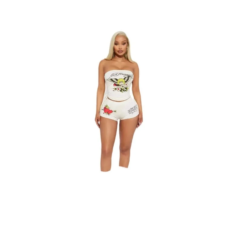 Letter Printed Women 2 Piece Set Off Shoulder Crop Top Skinny Shorts Matching Set 2024 Summer Streetwear Sexy Club Party Outfits