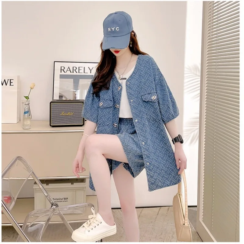 Summer Women\'s Blue Denim Suit Fashion Loose Oversized Short-sleeved V-neck Denim Top Jacket Elastic Waist Denim Shorts 2pcs Set