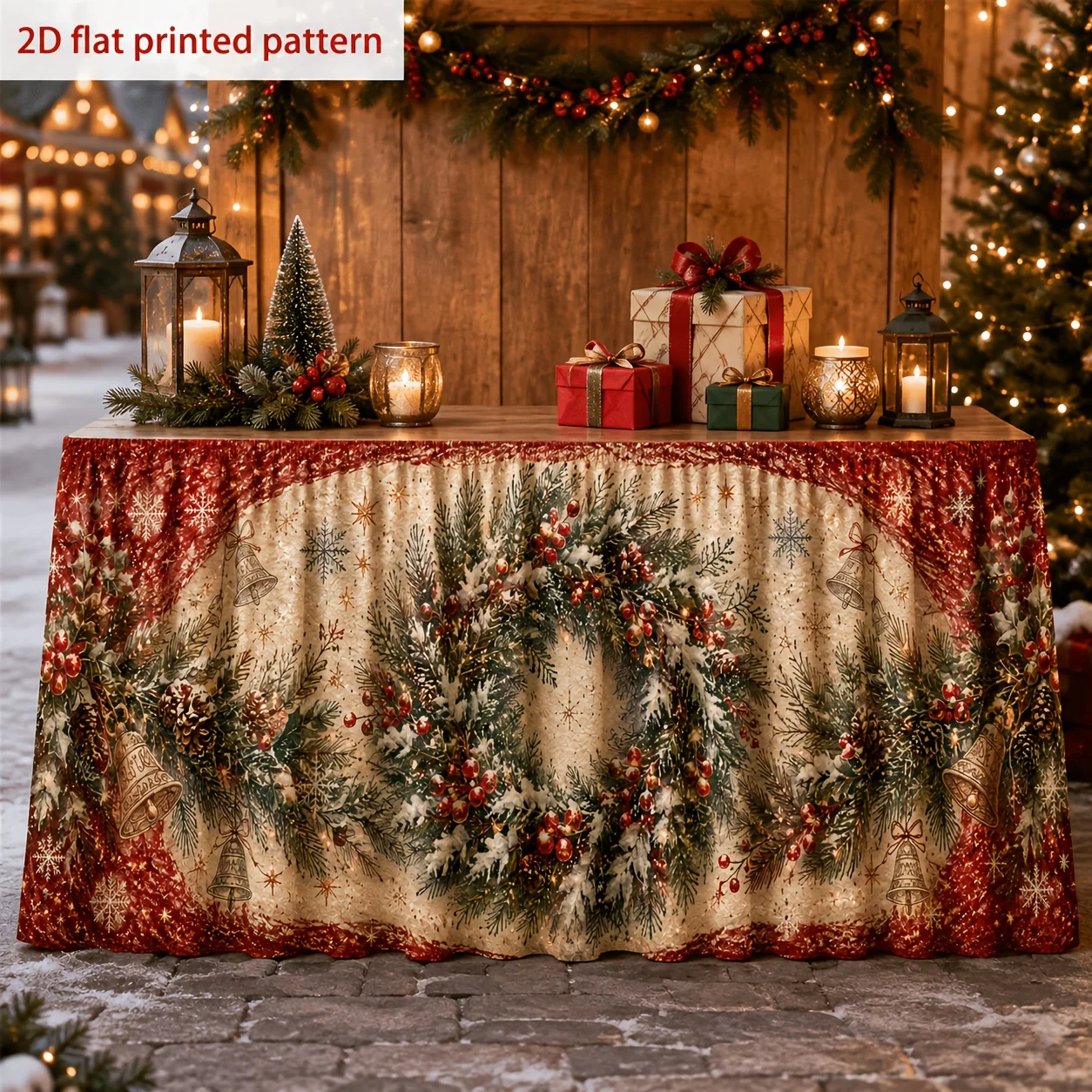 1 vintage Christmas wreath print table dress