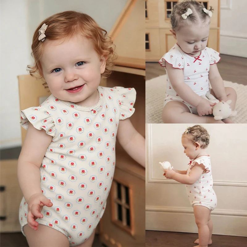 

2026 New Summer 0-24M Children Clothes Infant Baby Girls Bodysuits Flying Sleeve Cotton Print Toddler Baby Girls Jumpsuit
