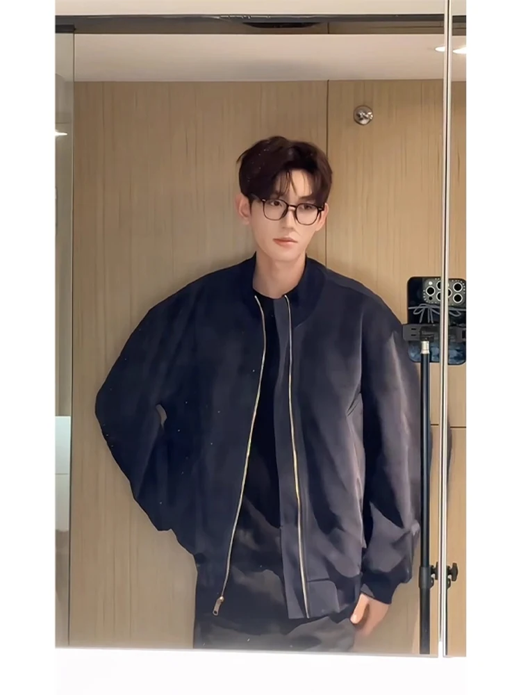 

American Sle Flight Jaet in Deep Blue Retro PU Leather Stand Collar Men's Outerwear Windproof Leather Coat for Autumn