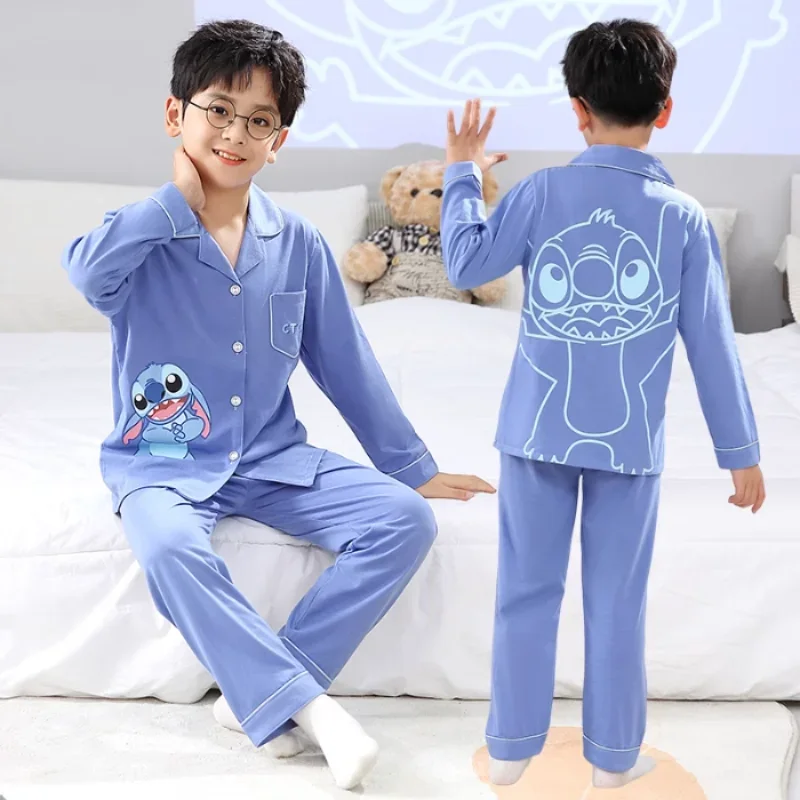 Ensemble de pyjama de dessin animé Disney pour enfants, pantalon à manches longues, vêtements de détente décontractés, point, hommes et femmes, automne, 2 pièces