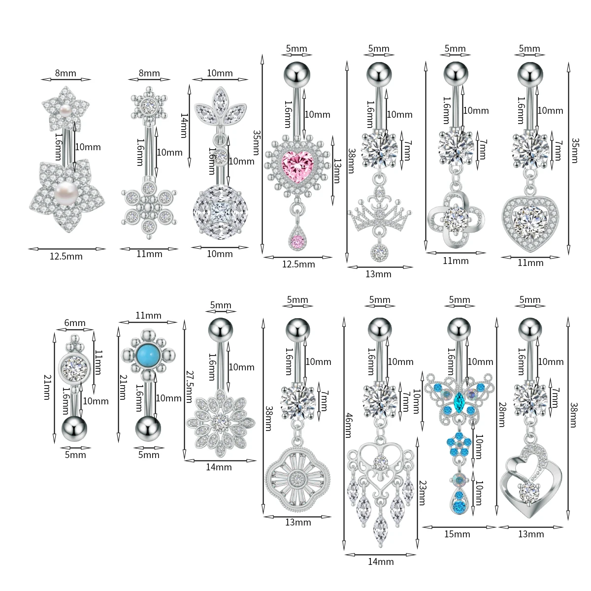 Crown Heart Dangled Belly Button Rings with Butterfly Drop