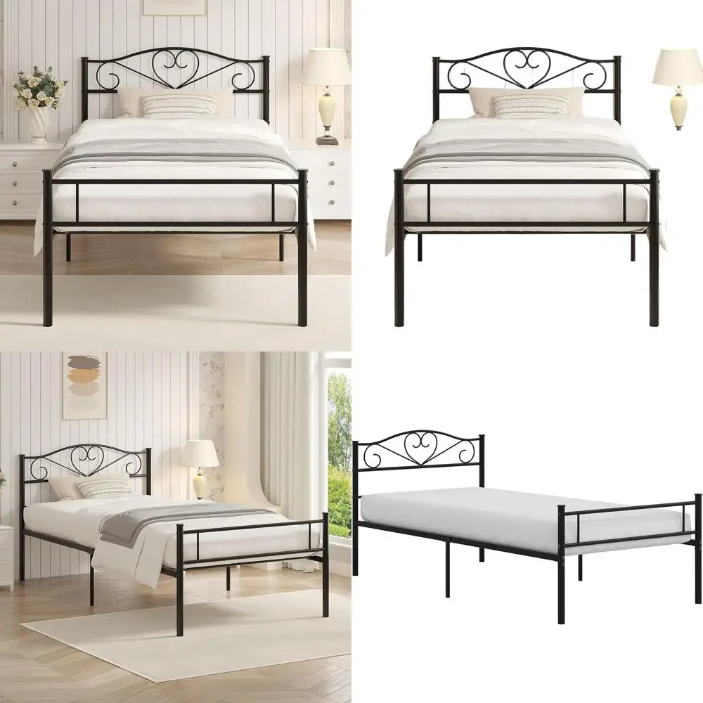 

14 Inch Twin Metal Platform Bed with Headboard, Steel Slat Support, No Box Spring Needed, Black