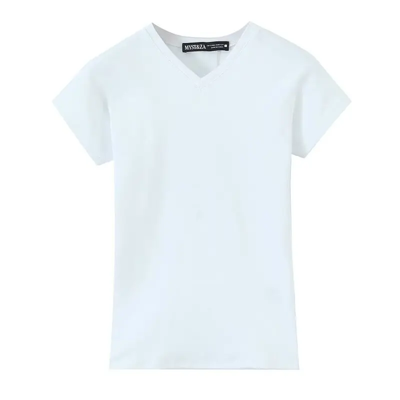 Lente 2025, dames slim fit, rechte pijpen, V-Ne T-shirt, katoenmix, normale lengte, zomer, nieuwe collectie