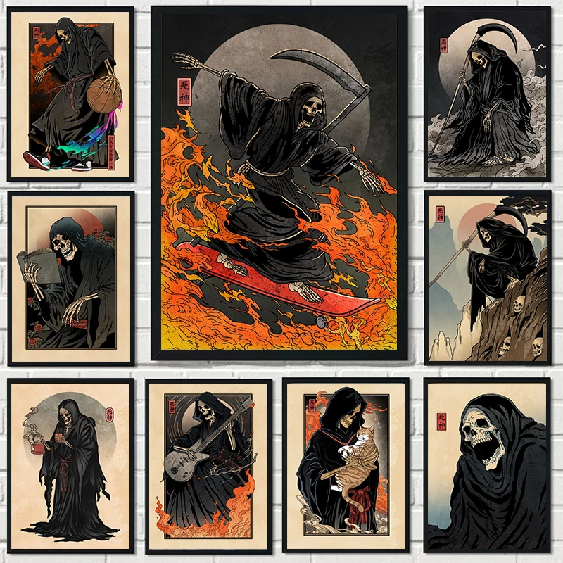 

Ретро Смерть Абстрактный Плакат Скелет Хэллоуин Череп Винтаж Холст Картина Печать для Настенной Искусства Картина Фреска Домашний Декор Комнаты