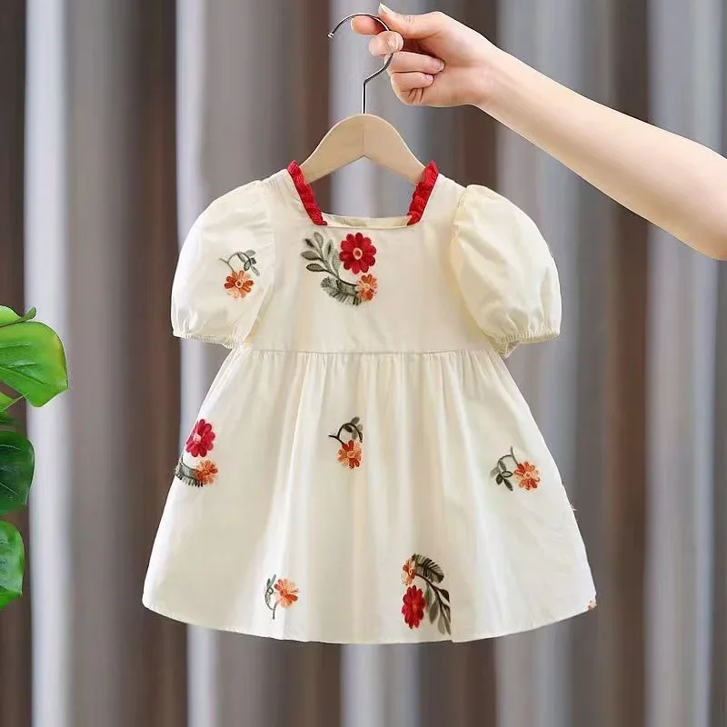 

Comfortable Children's Clothing Suitable for 2-8 Years Old Summer New Girl's Dress Cute Bubble Sleeves Embroidered Cotton Skirt