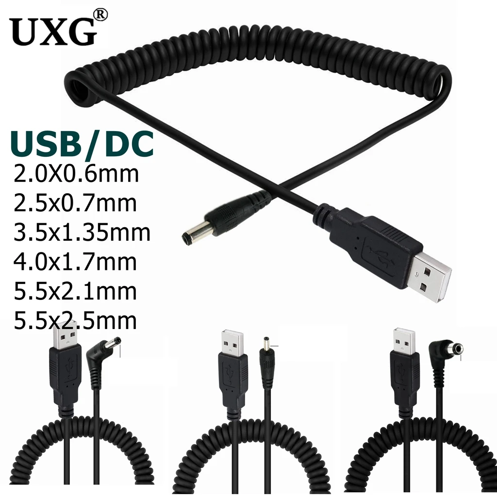 90 Angle PC USB Male To 5V DC 3.5mm X 1.35mm 5.5X2.5mm 2.1mm Barrel Connector Telescopic Spring Power Cable Cord Adapter 1m