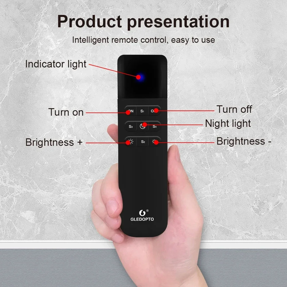 GLEDOPTO WLED Remote Control Wireless Brightness Adjust 4 Scenes Preset Night Light 50M Distance Dimmer Switch