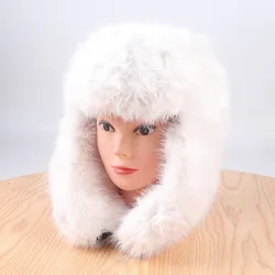 Winter Hat For Women 2024 Ushanka Russian Earflap Bomber Cap Warm Plush Fluffy Furry Fur Hat Soviet Trapper Pilot Cap White