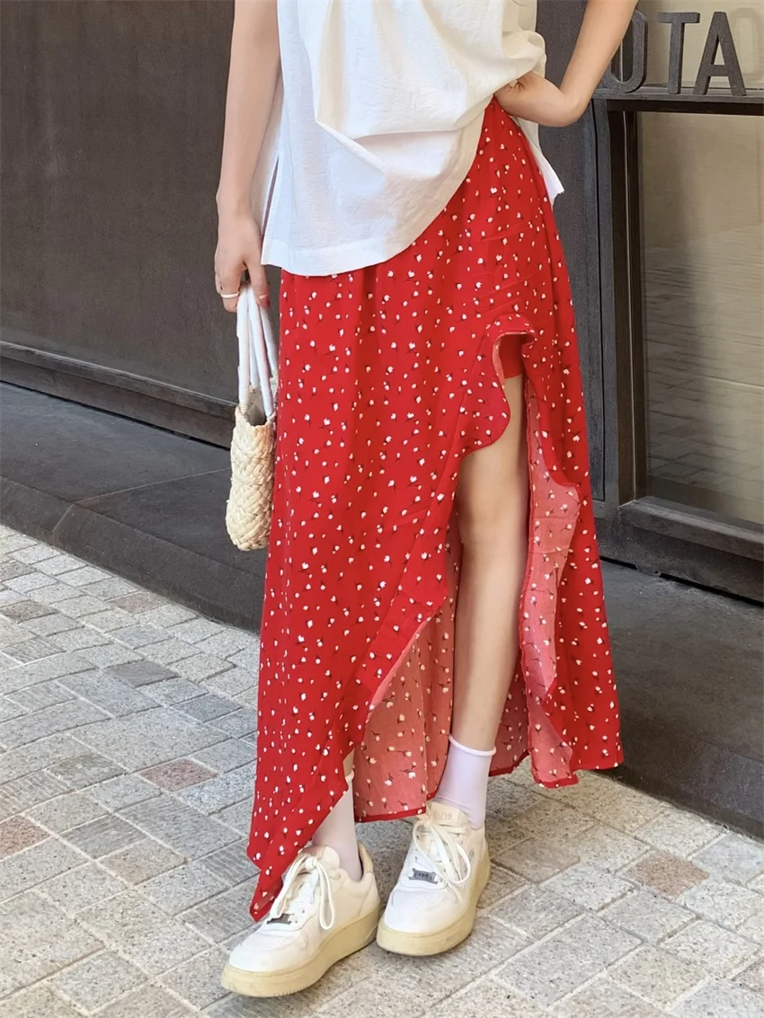 

Alien Kitty Vintage Split Long Skirts Women Florals Summer Casual Sweet Printed New Loose Office Lady High Waist Slim Chic