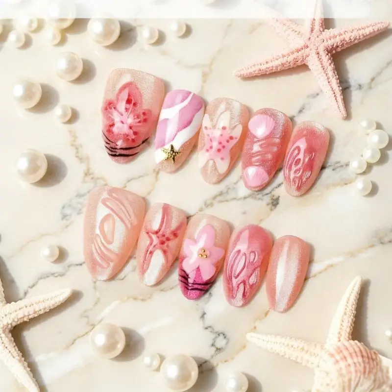 10Pcs Pink Press On Nails With 3D Ocean Starfish Shell Design And Strong Glue Perfect For Summer Beach Trips Vacation Parties