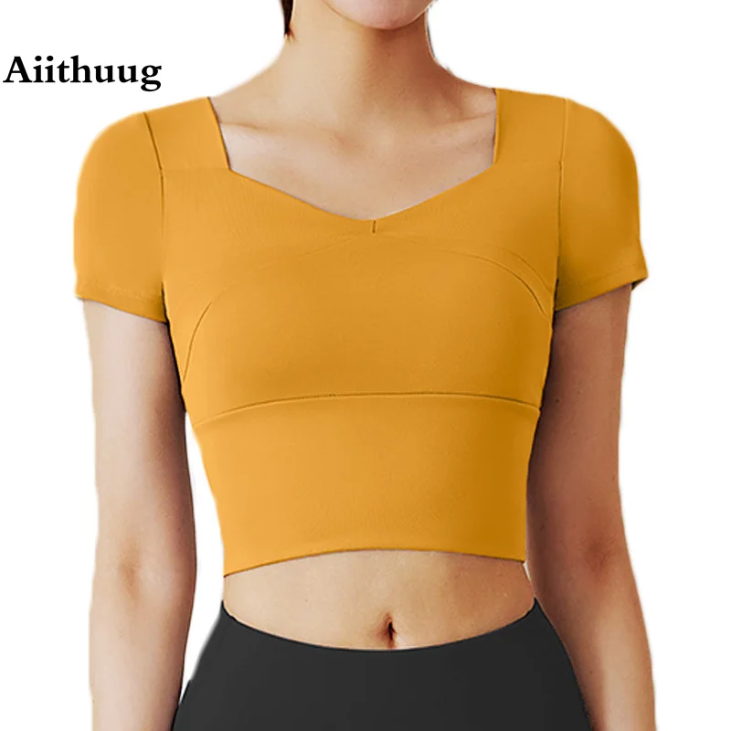 Aiithuug Gym Crop Tops Padded Cup Yoga Tops Elastic Breathable Yoga Bra 3D Fit Cup Slim Fit Workout Short Sleeve Sports Crops