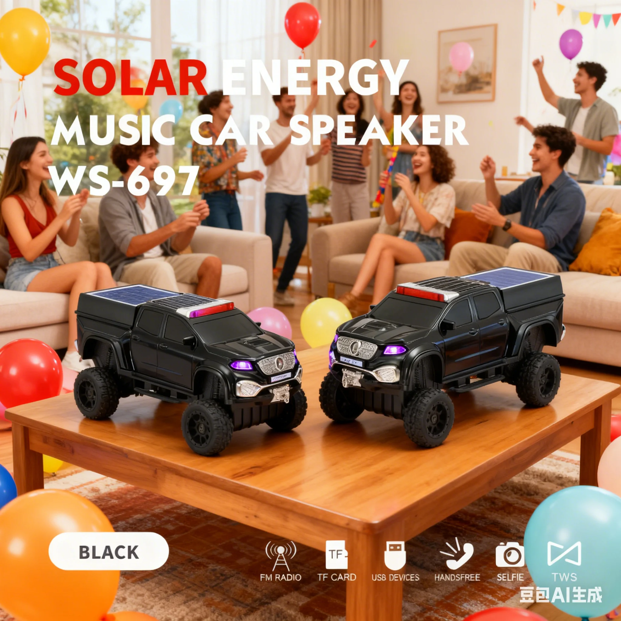 

Outdoor 5W Car Shape Bass Stereo Speaker WS-697 Solar Charging Truck Wireless Speaker TWS BT Call Music Player TF USB FM Radio