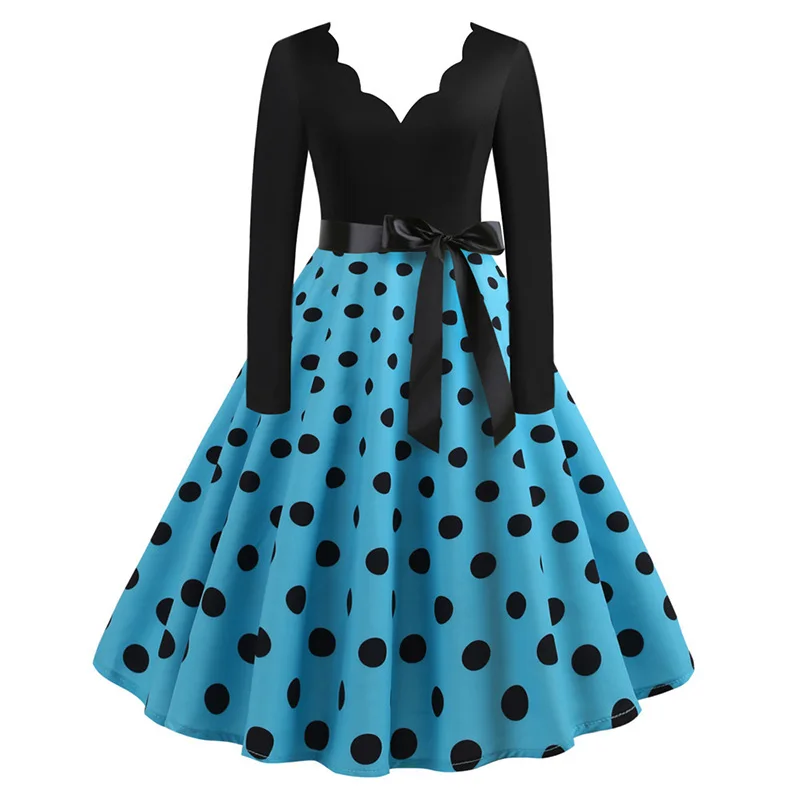 Vrouwen Vintage Lange Mouw Polka Dot Jurk Lente Herfst Nieuwjaar Feestjurken 3XL Zwart Vestidos