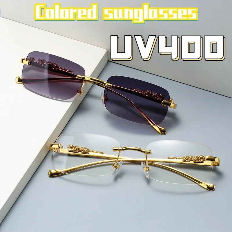 

Small Rimless Rectangle Sunglasses Women Luxury Brand Fashion Leopard Shade Square Sun Glasses for Men UV400