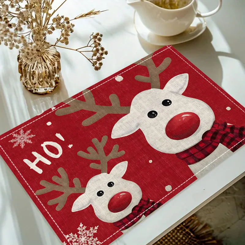 Weihnachts-Leinen-Tischset, Tisch- und Kaffeematte, rote Nase, Rentier, Schneeflocke, frohe Weihnachten, HO! Dekorative Untersetzer mit Holly Leaf Ball-Karomuster