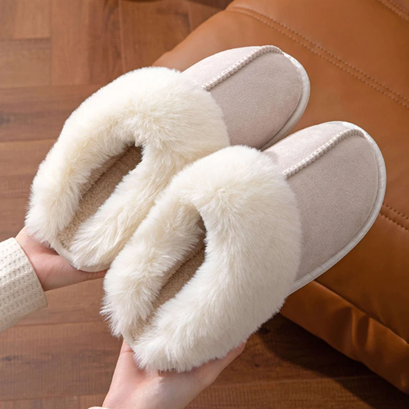 Fluffy Fur House Slippers Winter 2024 Fashion Warm Plush Couple Cotton Shoes Women Faux Suede Indoor Bedroom Couple Slippers