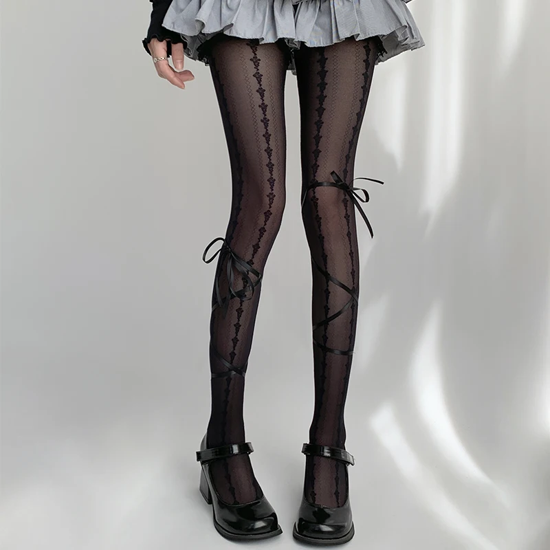 Pantyhose Women's Leg Shaping withStrap Bow Fashion White Stockings Sexy Simple Non-Slip French Retro Leggings Spring and Summer