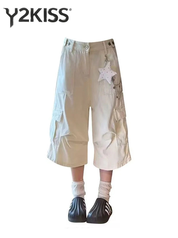Summmr Women American Retro Jorts Calf-Length Cargo Jean Shorts Punk Abi Y2K Japanese Denim Capris Pants High Street Design New