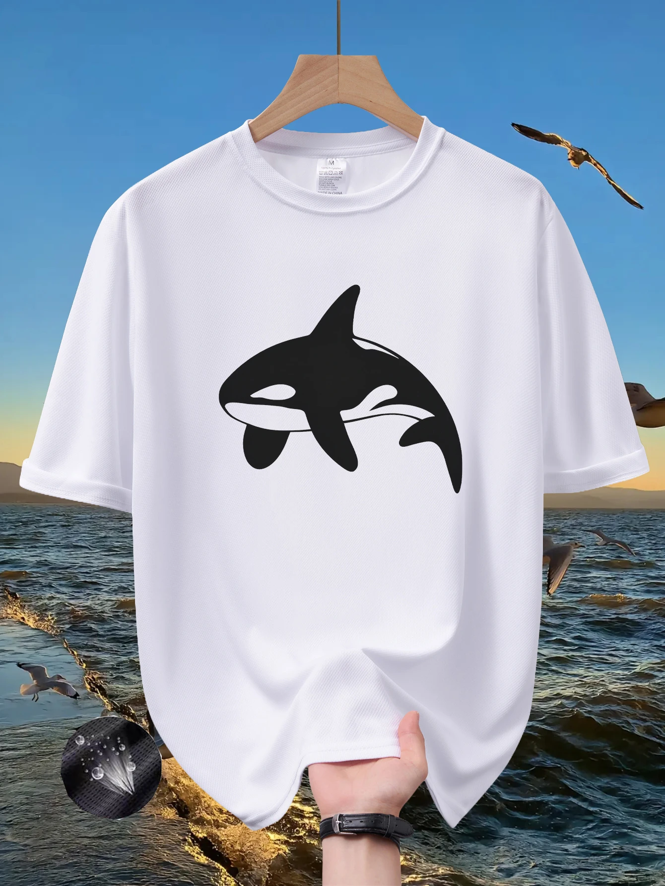 Men Minimalist Orca Killer Whale Silhouette Print T Shirt Summer Quick Dry Breathable Short Sleeve Tee Ocean Animal Streetwear T