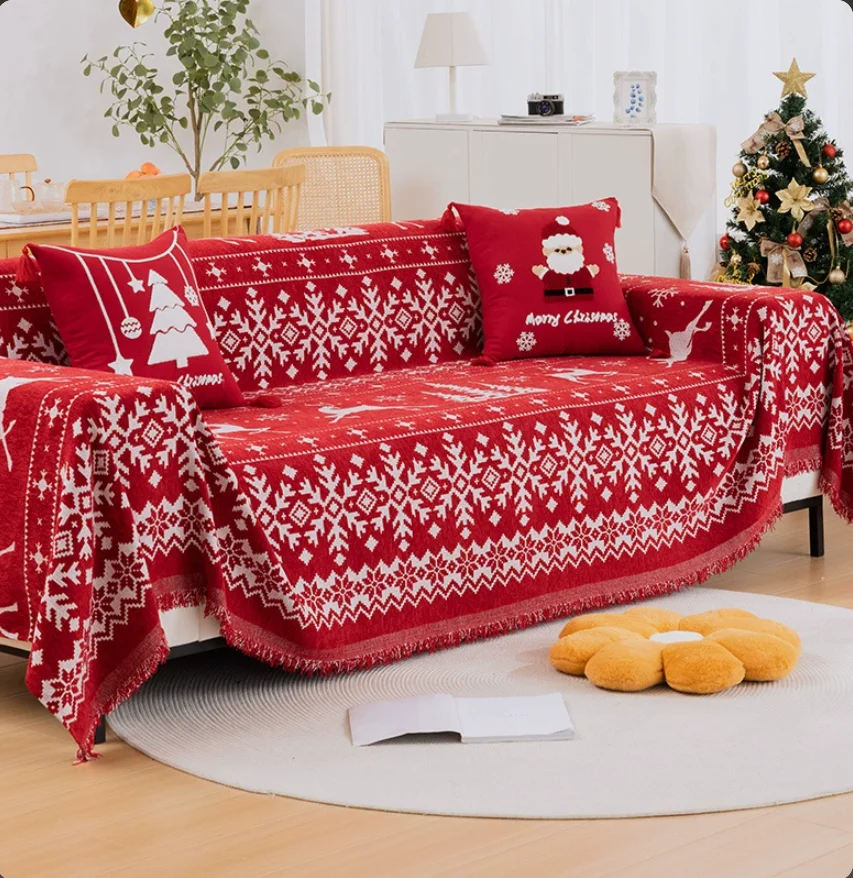 Christmas Sofa Cover Throw, Holiday Home Decoration, Chenille American Vintage Red Full Cover Sofa Slipcover Furniture Protector