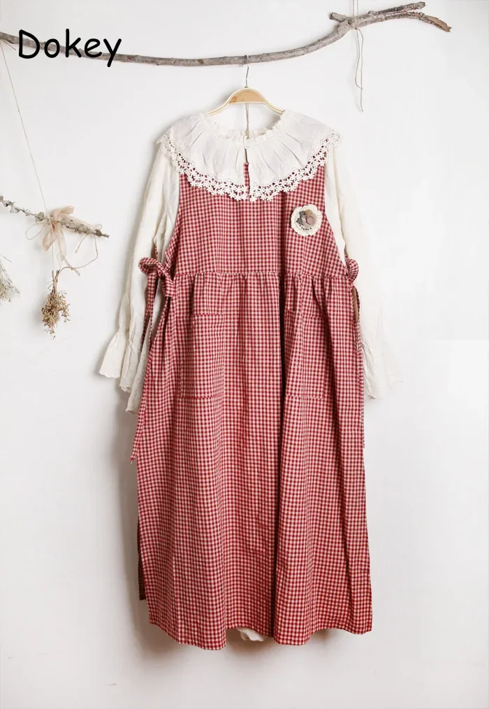 Vintage Mori Plaid Vest Dress donna giapponese Preppy Lace-up senza maniche Pullover allentato abiti Casual lunghi in cotone e lino