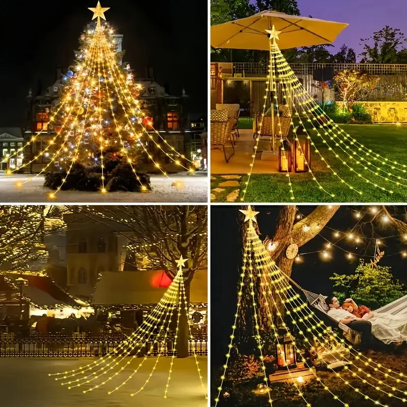 Luces LED solares de cascada con forma de estrella navideña con 8 modos: uso interior/exterior para árbol de Navidad, cortina de jardín, patio