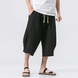 2023 Summer Men Harem Pants Short Joggers Chinese Style Calf-Length Casual Baggy Pants Solid Color Male Capris Trousers 5XL