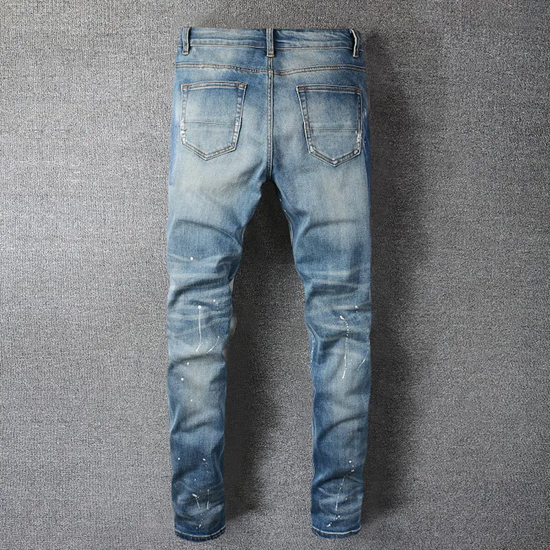 Retro Rhinestones Street Hole Stitching Jeans Men Motorcycle Pant Punk Jeans Hip Hop Ripped Designer Bootcut Jean For Men Blue