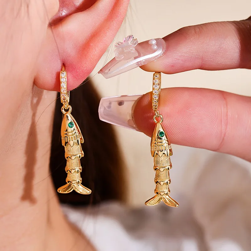 

Hot Sale Elegant Green Eye Dolphin Goldfish Zircon Earrings Female Light Luxury Fashion Jewelry For Women Party GIft Wholesale