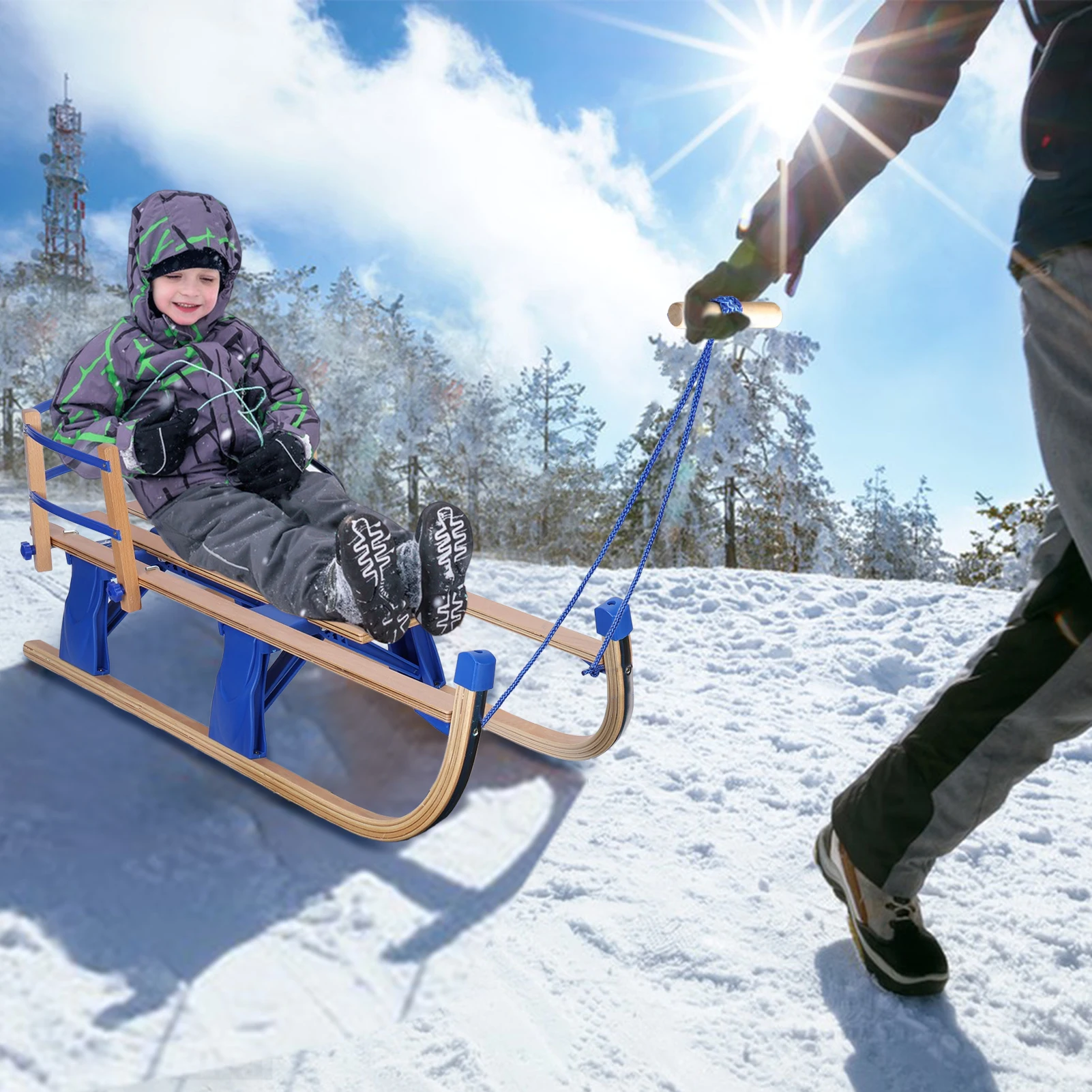 Snow Sled, Foldable Kids Sled with Backrest, Long Digging Rope Children Toboggan, Winter Outdoor Wood Sled