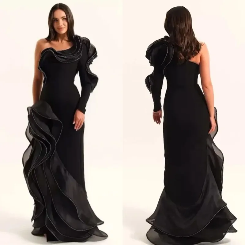 

Modern Black Mermaid Prom Dresses Sexy One-Shoulder Tiered Evening Party Dresses Sexy Backless Floor-Length Prom Gown Customized