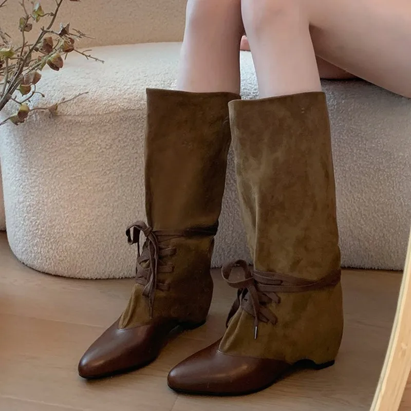 Designer New Women Long Boots Pointed Toe Heeled Knee High Shoes Low Heels Chelsea Boots Walking Trend Goth Lace Up Mujer Botas