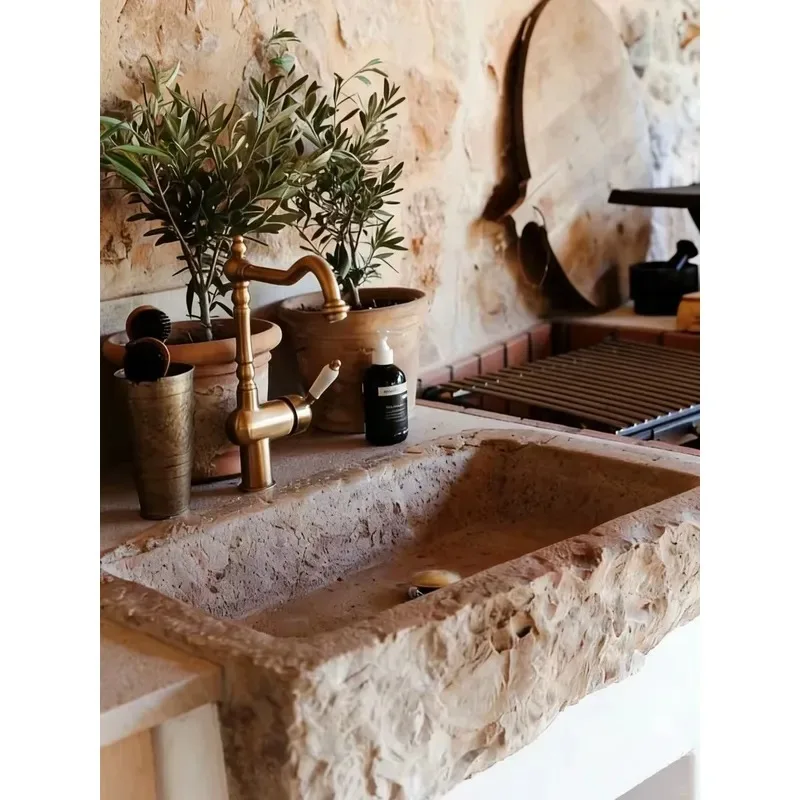 Modern Limestone Sink with Antique Polished Surface Natural Stone Design for Outdoor Villa Use