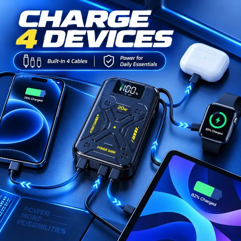 Power Bank 20000mAh Mini Portable Transparent Mecha Style Fast Charging Powerbank with Built‑in Cable Digital Display Travel Use